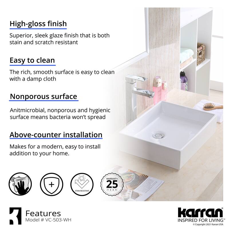 Karran VC-503-WH Valera 16" Vitreous China Vessel Bathroom Sink in White with Faucet and drain in Matte Black