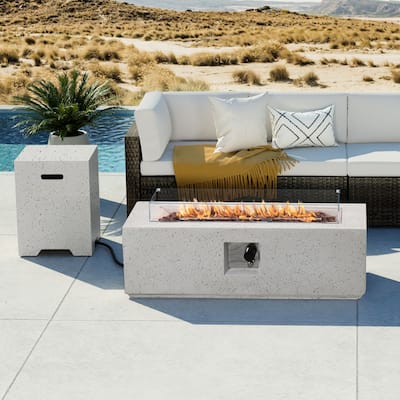 COSIEST Outdoor Rectangular Terrazzo Propane Fire Pit Table with Tank Cover