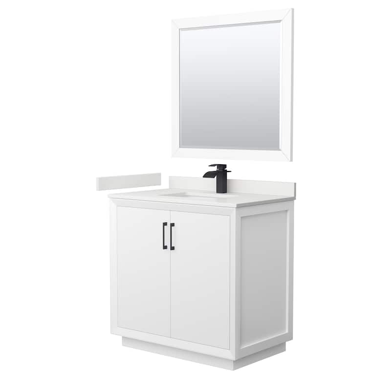 Strada 36-inch Single Vanity, Quartz Top, 34-inch Mirror - White, Black Trim, White Quartz Top
