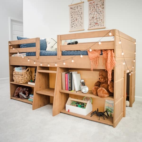slide 2 of 8, Max and Lily Farmhouse Twin Low Loft Bed with 2 Bookcases Pecan