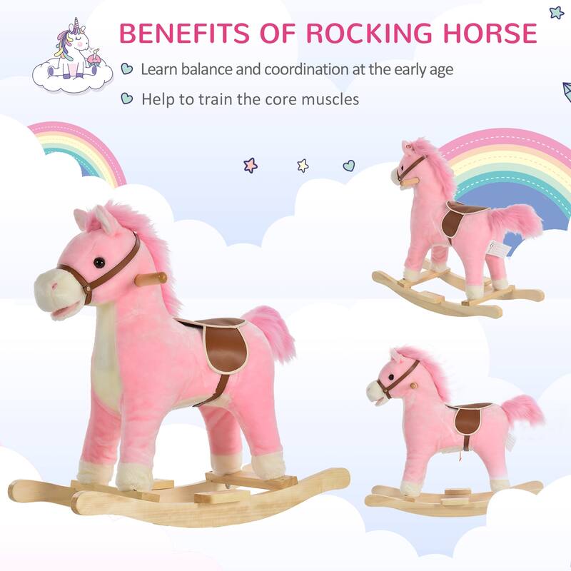 Plush Wooden Kids Rocking Horse with Padded Seat and Handles