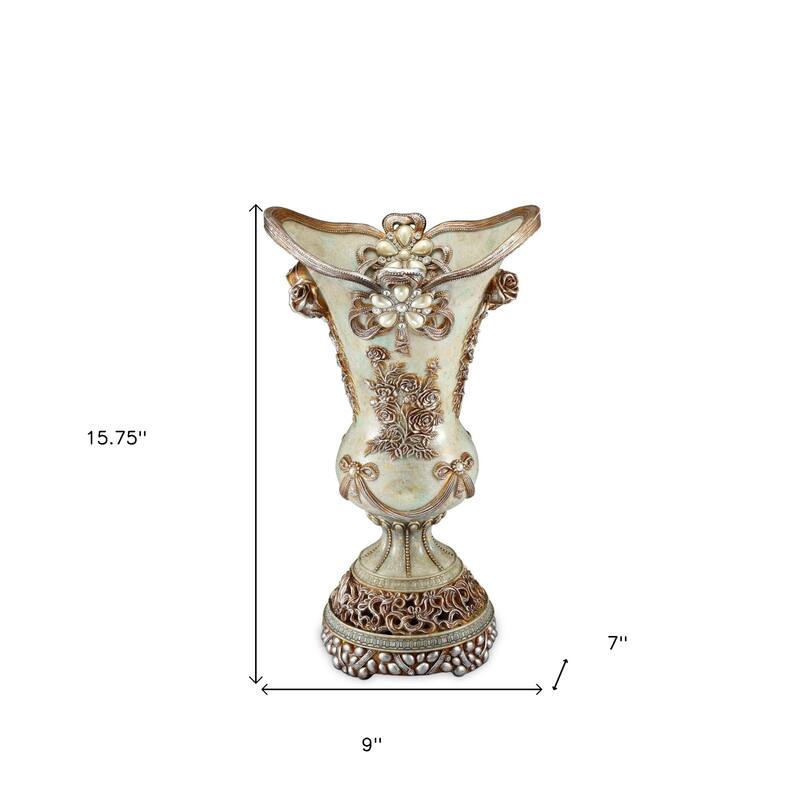Green Bronze and Silver Floral Trumpet Polyresin Table Vase 16"