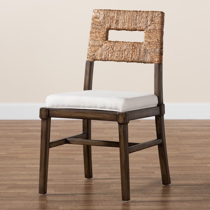 Porsha Modern Bohemian Dark Brown Finished Mahogany Wood and Natural Rattan Dining Chair