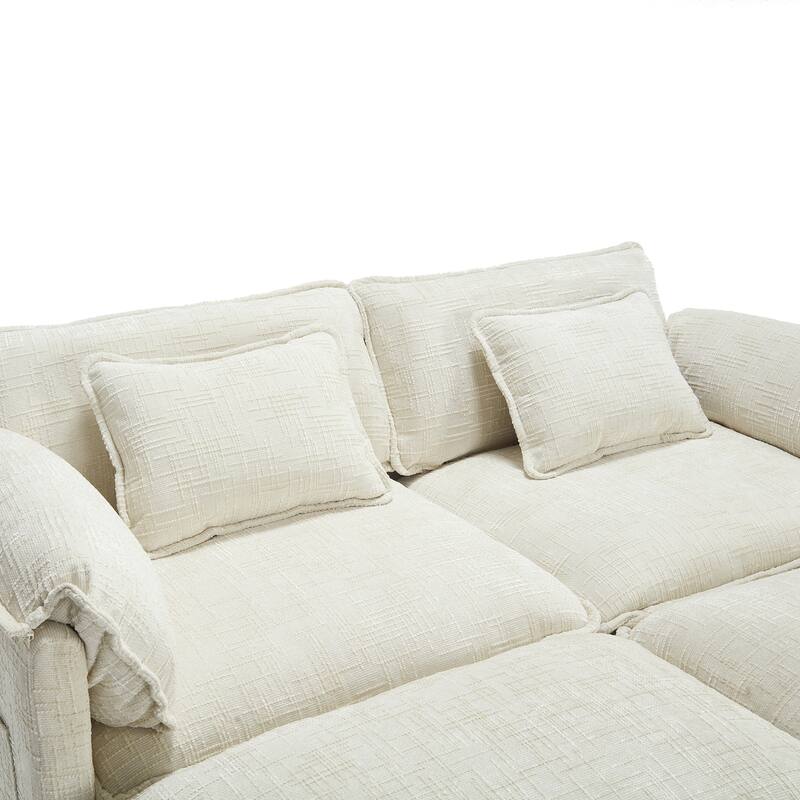 Chenille Sleeper Sofa Bed Deep Seat Loveseat Sectional Couch with Ottomans Chaise Lounge, Detachable Armrests and Side Pockets