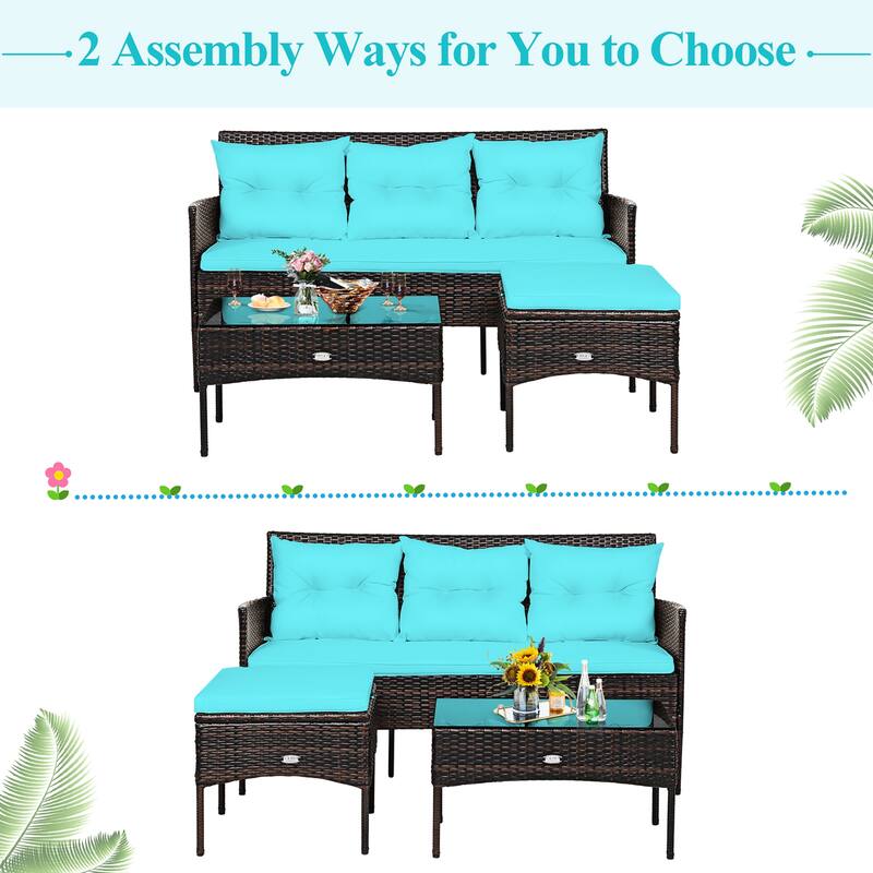 Costway 3PCS Patio Rattan Furniture Set 3-Seat Sofa Cushioned Table - See details
