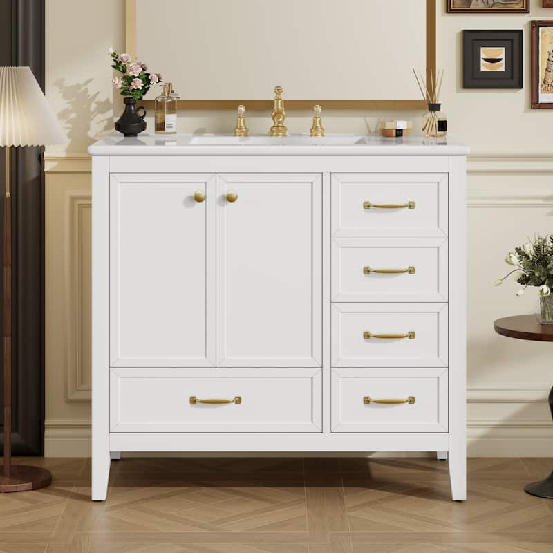 36" Bathroom Vanity with Sink, Bathroom Cabinet with Soft-Closing Door, 4 Drawers of Different Sizes, Solid Wood Frame and Leg