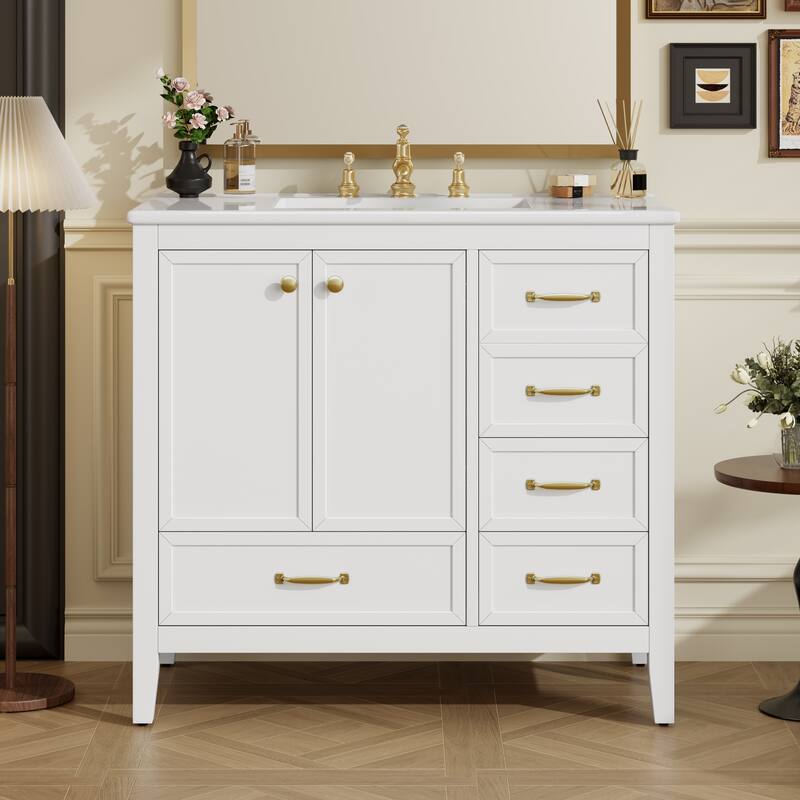 36" Bathroom Vanity with Sink Set, Wood Frame Vintage Bathroom Cabinet Vanity with Soft-Closing Doors & Drawers - White