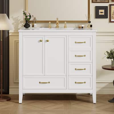 36" Vanity with Sink, Soft-Close Cabinet, 4-Size Drawers, Solid Wood Frame & Legs, 1-Package.