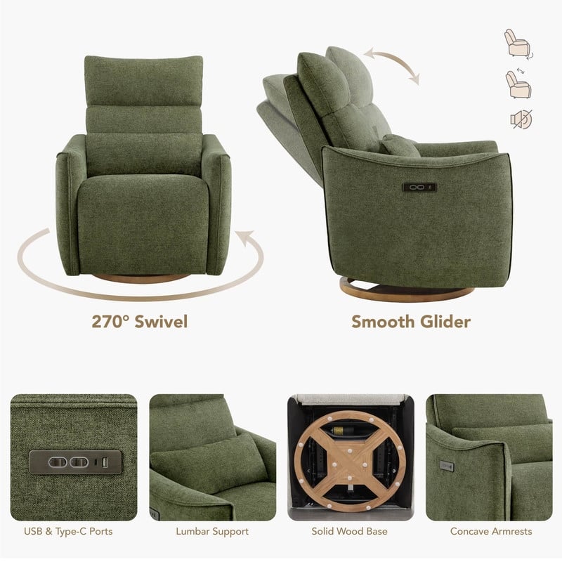 Spruce & Spring Power Swivel Recliner Chair Dual-Motor Nursery Glider with Lumber Pillow