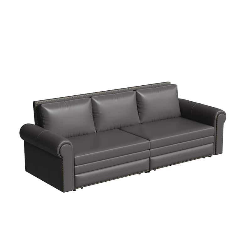 King Pull Out Sofa Bed, 3-in-1 Convertible Leather Sleeper Sofa, Chaise Lounge Daybed with Nailhead Trim & Rolled Arm