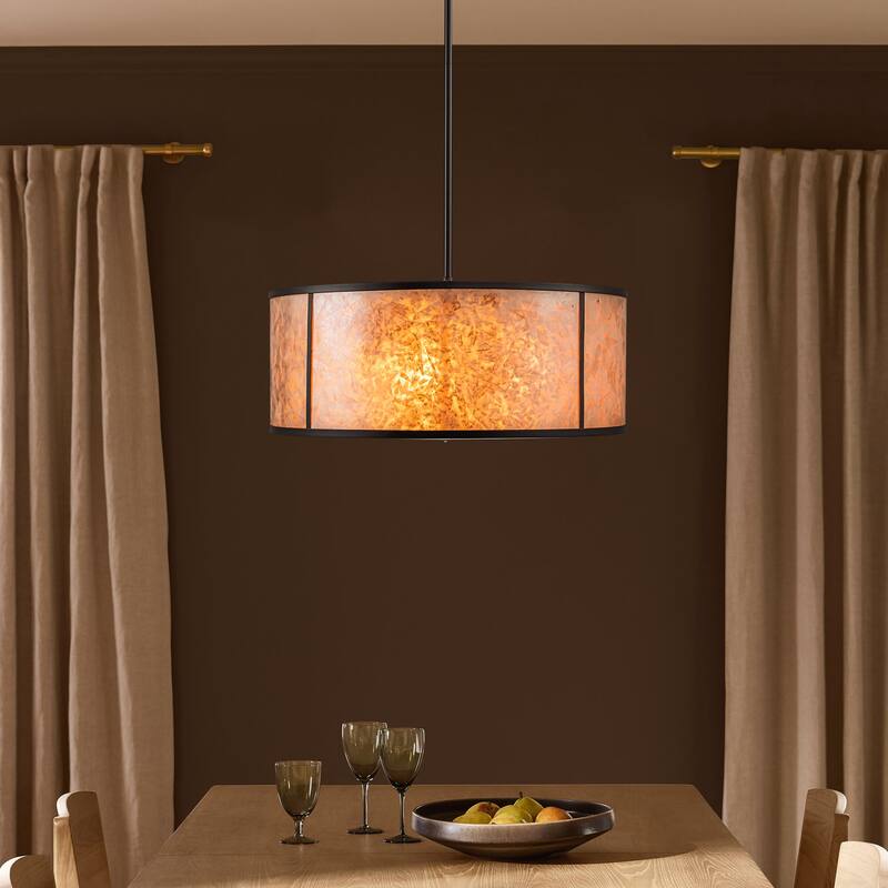 20" W and 8" W Rustic Matte Black Finish Tawny Mica Drum Pendant Light for Living Room & Bedroom