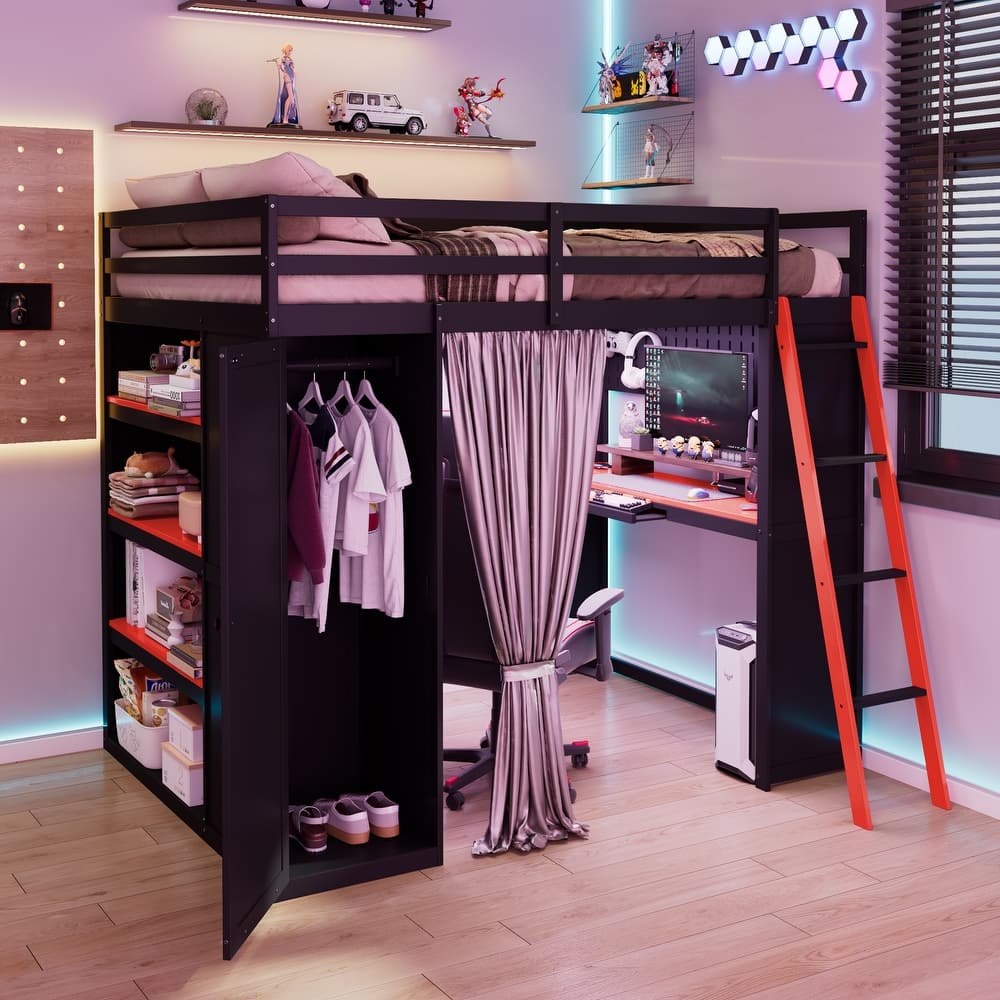 All-in-One Loft Bed Full Size Bedframe with Wardrobe, Shelves, Blackout Curtains, Pegboard, Charging Station and RGB Light Strip