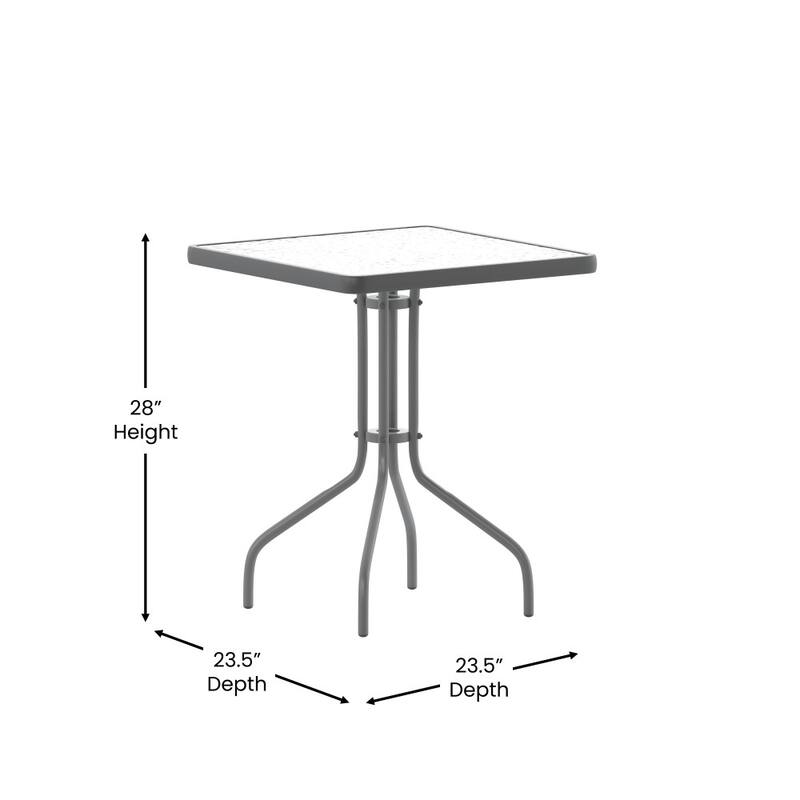 23.5" Square Glass Metal Table with 2 Metal Aluminum Slat Stack Chairs