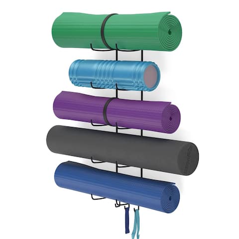 Wallniture Guru 5-Sectional Wall Mount Foam Roller and Yoga Mat Holder with 3 Hanging Hooks for Yoga Straps