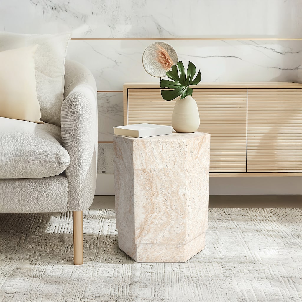 Hexagonal Travertine Stone Finish Italian Design MgO Side Accent Table - 14.6"x14.6"x18.1"
