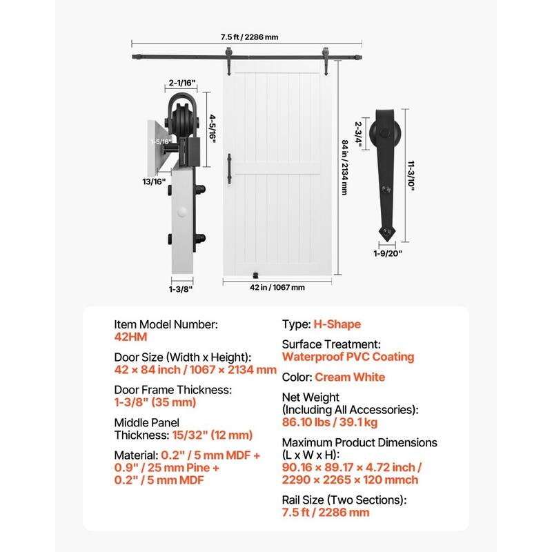 White MDF Pine Sliding Barn Door with Waterproof PVC Coating