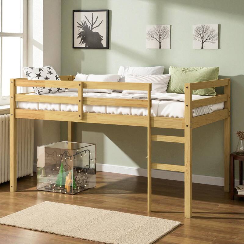 Solid Wood Twin Loft Bed with Ladder, Rubber Wood Frame Low Height Design with Guard Rails and Storage Space - Natural - Twin