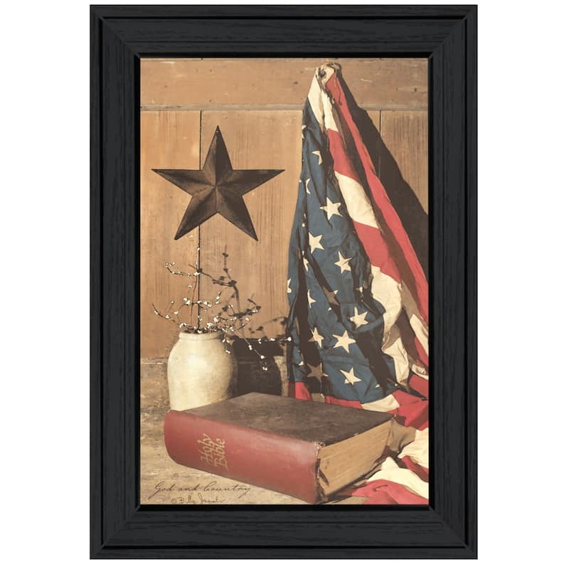 TrendyDecor4U Farmhouse "God and Country" Framed Print Wall Art by Billy Jacobs - Earthtone