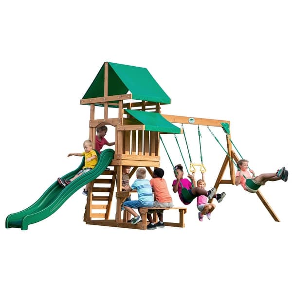 slide 2 of 10, Backyard Discovery Belmont Cedar Wood Swing Set, Slide, Play Deck - 17'7" x 7'3" Brown - Swing Set - 17'7" x 7'3" - Kids