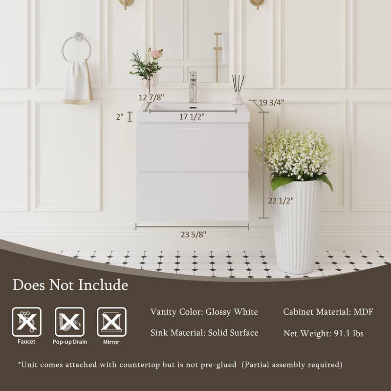 42" Wall-Mounted Bathroom Vanity with Glossy White Resin Sink - Modern Floating Bathroom Cabinet with Soft-Close Hinges