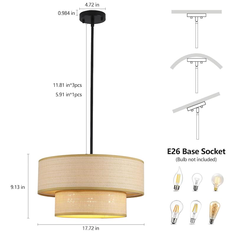 3-Light Bohemian Style Large Handwoven Chandelier with Wicker Lampshade - Matte Black