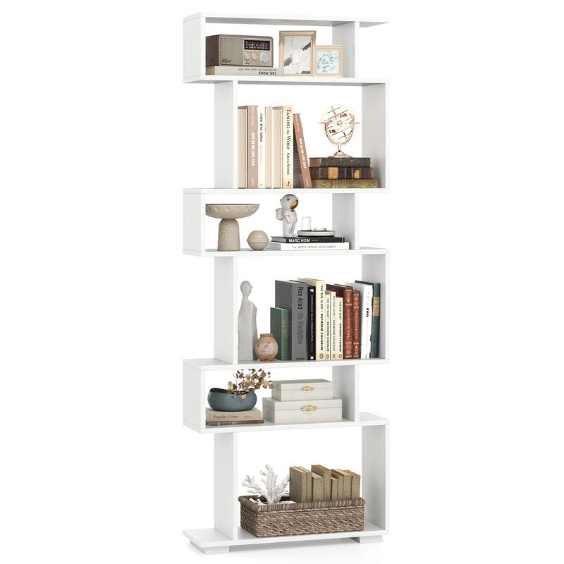 Engineered Wood 6-Tier S-Shaped Bookshelf with Anti-Tip Kits - 24" L x 8" W x 64" H