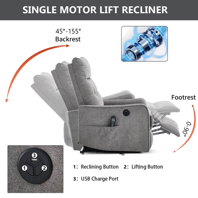 Single Motor Power Lift Recliner with USB Port and 155 Degree Recline