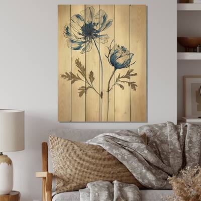Designart 'Blue Vintage Flower Blooming V' Floral Wood Wall Art - Natural Pine Wood