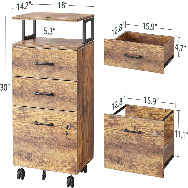3-Drawer Rolling Filing Cabinet - 6.3"D x 30.12"W x 21.65"H