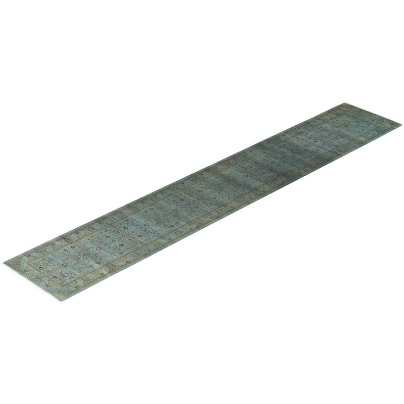 Overton Hand Knotted Wool Vintage Inspired Modern Contemporary Overdyed Blue Runner Rug - 2' 7" x 15' 8"