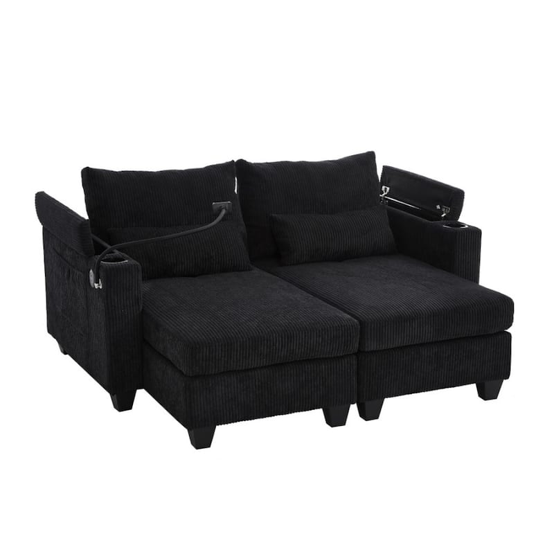 63" Corduroy Convertible Loveseat Sofa Bed with USB Ports, Two Cup Holders, A Phone Holder for Living Room