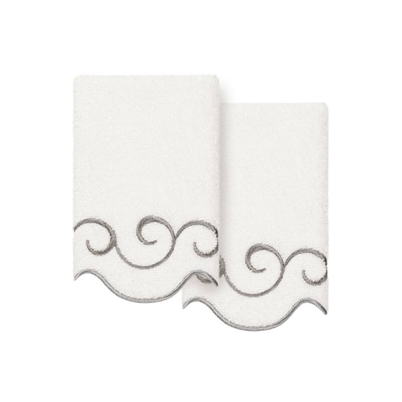 Authentic Hotel and Spa 100% Turkish Cotton SIMPLICITY Scallop Embellished Towel Collection - White/Grey - 2 Fingertip Towels