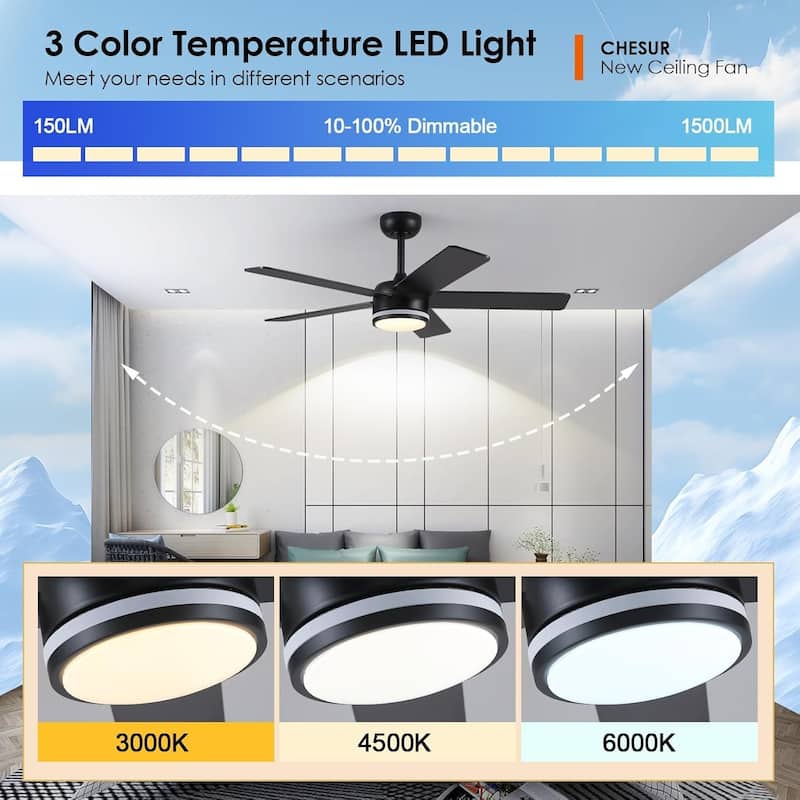 46“/52” Inch Modern Ceiling Fan with LED and Remote,5 Plywood Blades,Remote and APP Control