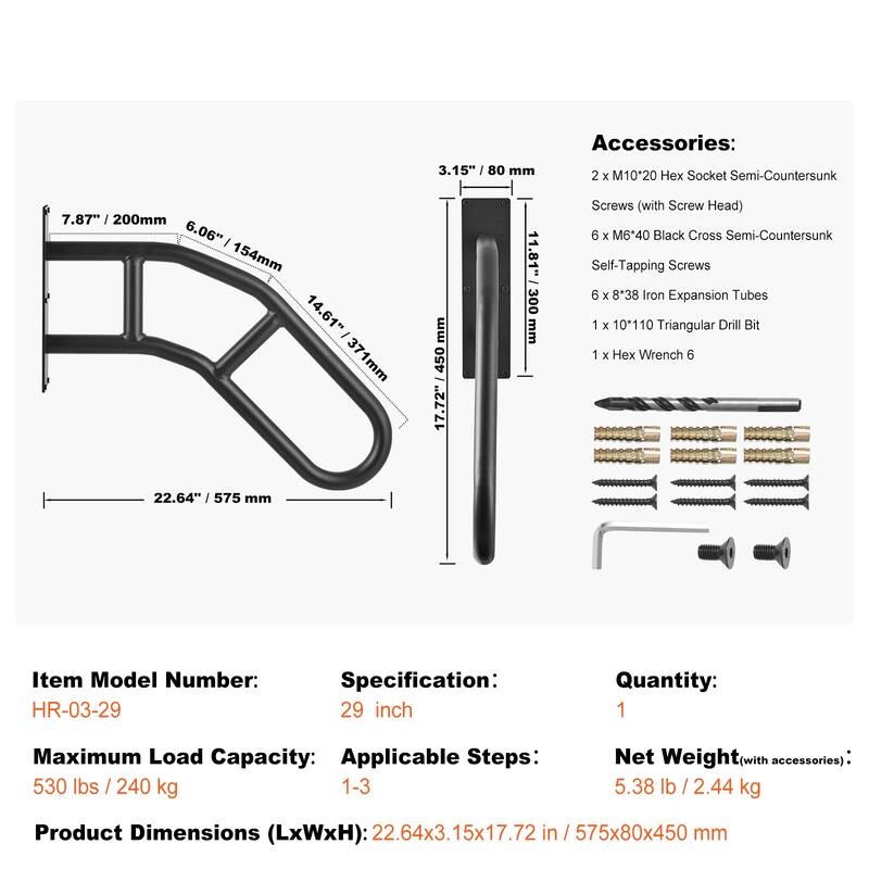Handrails for Outdoor Steps, Wall Mount Safety Railings for 1-3 Steps, Stair Handrail with Matte Black Finished,for Garden,Yard