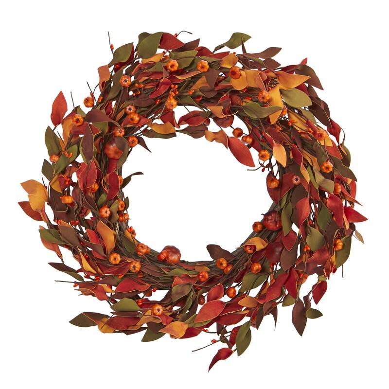 Leaf and Mini Pumpkin Artificial Fall Harvest Twig Wreath, 20-Inch, Unlit