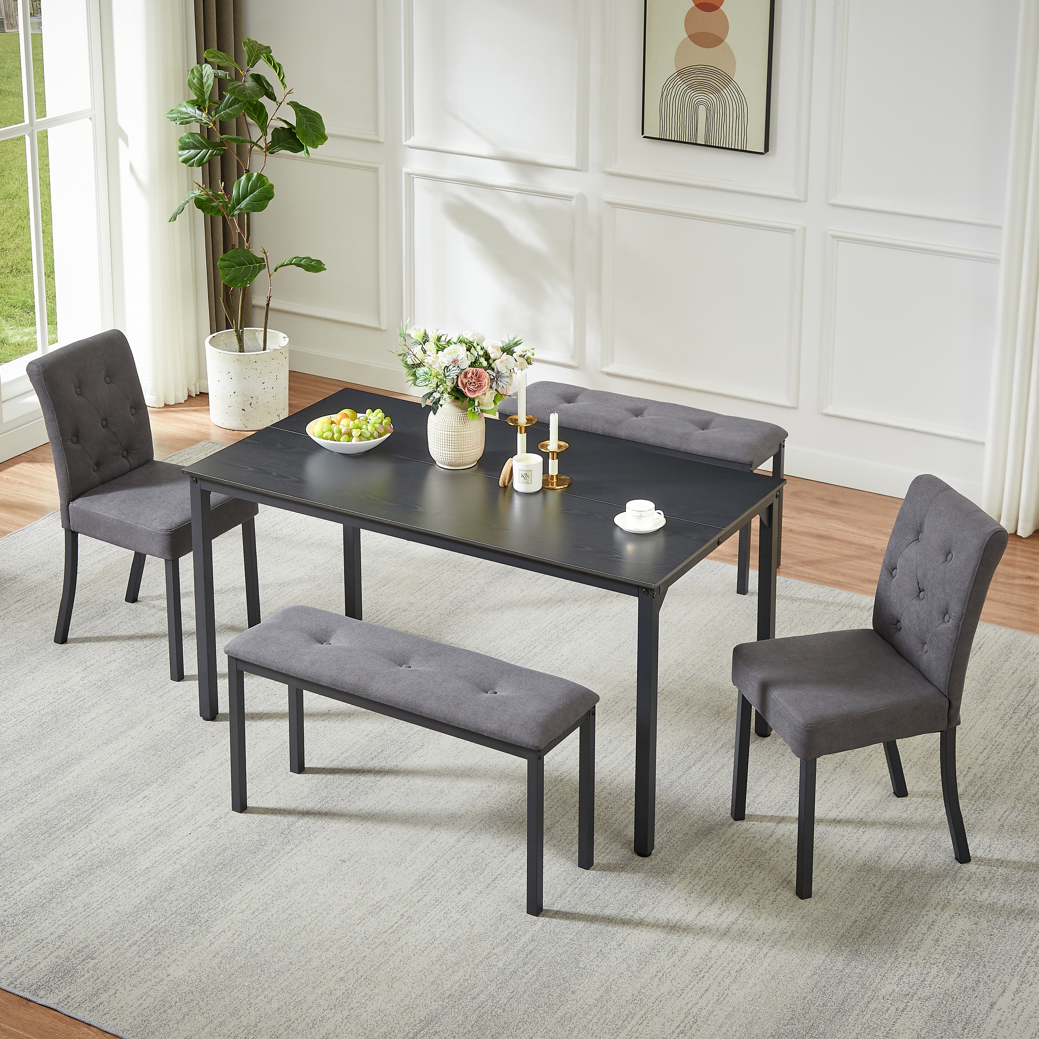 Dining Table & Chairs Set with 2 Upholstered Bench & 2 Chairs