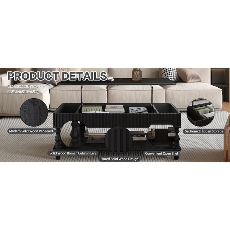 Roomfitters 47" Lift Top Coffee Table, Solid Wood Fluted Center Table with Roman Legs & Hidden Storage