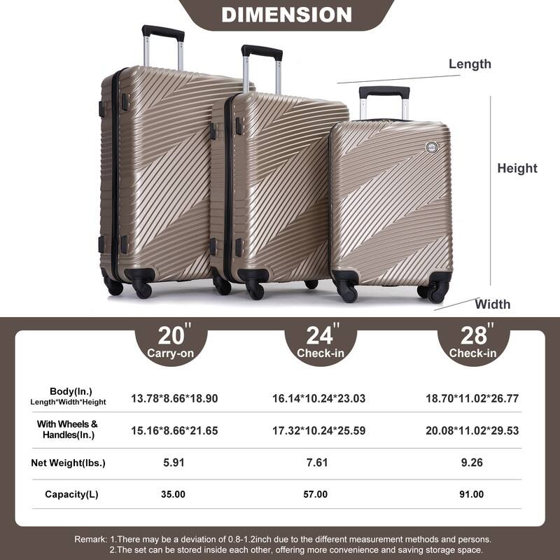3 Piece PC+ABS Suitcase Luggage Sets with Two Hooks and Spinner Wheels,Gold
