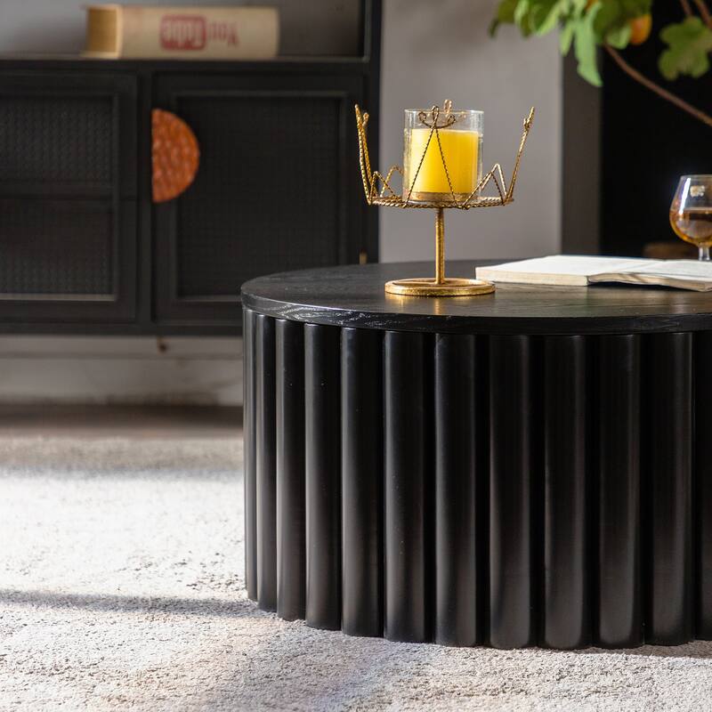 Round Coffee Table With Lift Handcrafted Relief Sturdy Pedestal Wooden Tea Table for Living Room no need to Assemble