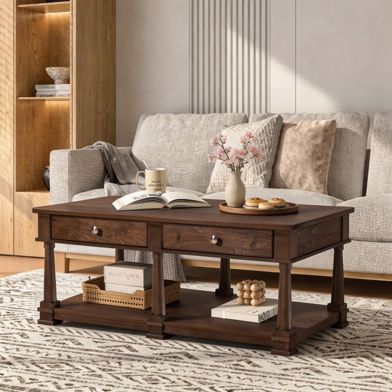 Farmhouse 45.3" Rectangular Coffee Table with Storage Drawers and Open Shelf, Cocktail Table with Solid Wood Legs