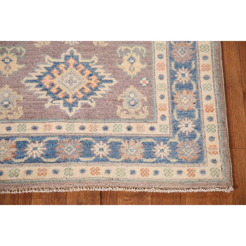 Geometric Kazak Oriental Accent Rug Hand-Knotted Beige Wool Carpet - 2'8"x 3'10"