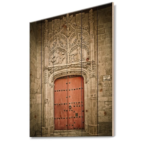 Shop Designart Old Red Church Door In Salamanca Spain Vintage Print On Natural Pine Wood Multi Color Overstock 26064078