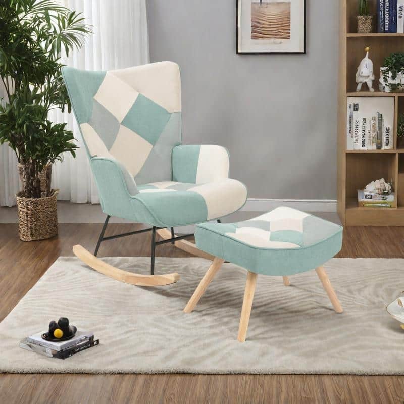 Patchwork Linen Rocking Chair with Ottoman (Mid-Century Style) - Colorful1