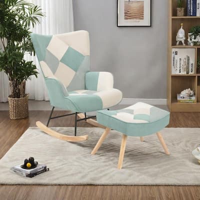 Patchwork Linen Rocking Chair with Ottoman (Mid-Century Style)
