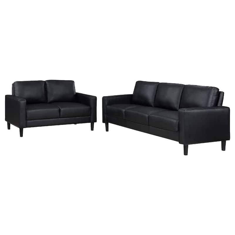 Rumi 2pc Sofa and Loveseat Set, Modern Track Arms, Black Faux Leather