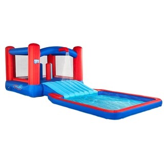 Sunny & Fun Slide N' Splash Inflatable Water Slide Park & Bounce House with Air Pump - Blue