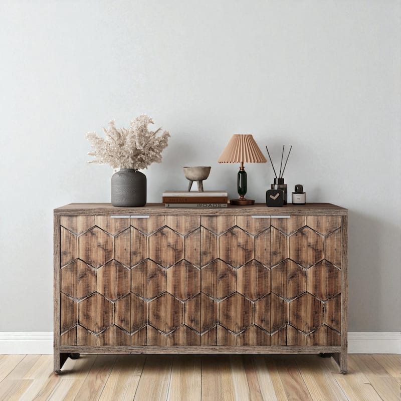 Farmhouse Style 4-Door Wooden Sideboard Buffet Cabinet with Adjustable Shelves and Metal Handles.