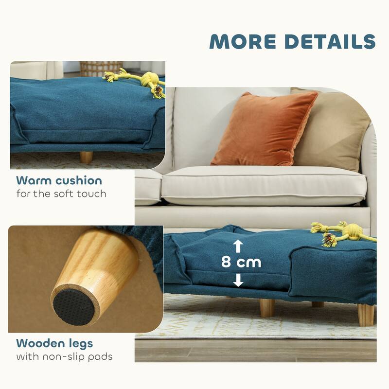 Dark Blue Polyester Pet Sofa with Cushion, Pine Wood Legs and Non-Slip - 37.8" L x 26" W x 9.4" H