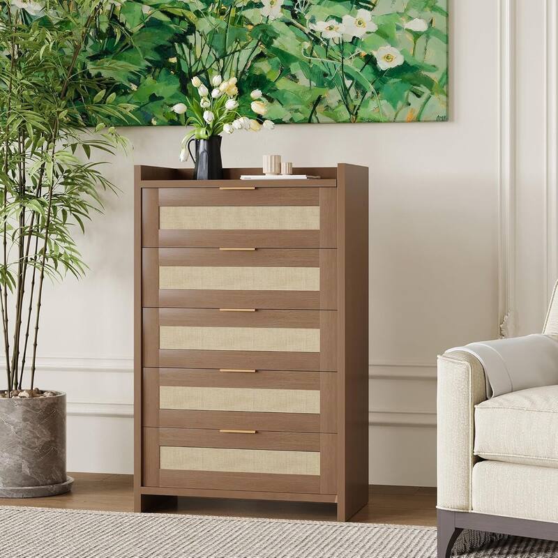 Boho 5 Drawer Dresser Storage Cabinet for Bedroom Living Room Hallway - Brown