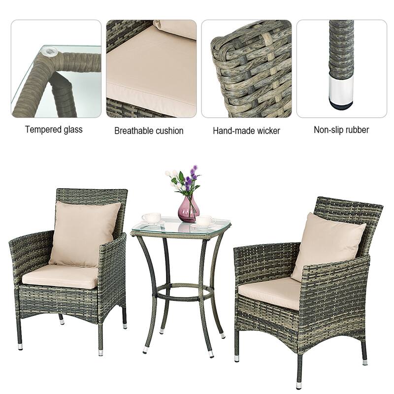 3PCS Patio Furniture Set Rattan Coffee Table & Chairs Garden